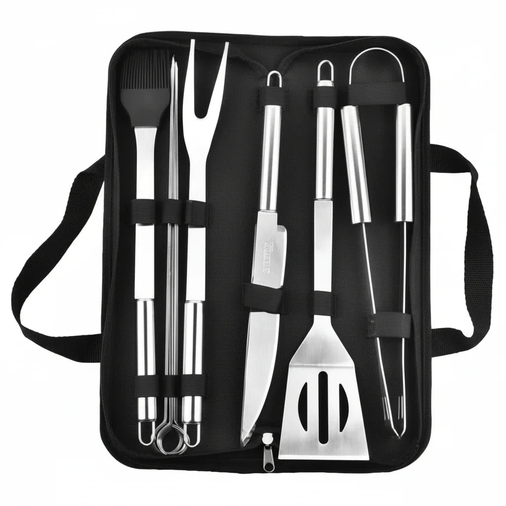 Stainless Steel Barbecue Tool Set with Bag | Complete Utensils for Garden Grilling and Camping