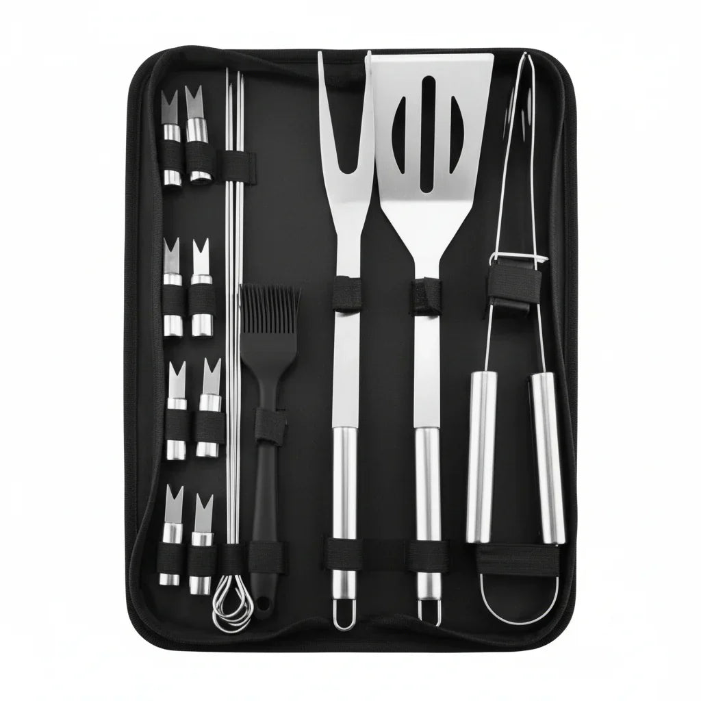 Stainless Steel Barbecue Tool Set with Bag | Complete Utensils for Garden Grilling and Camping