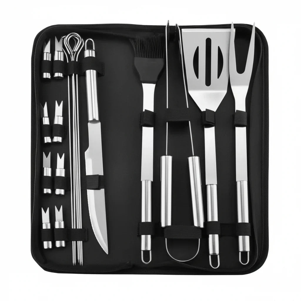 Stainless Steel Barbecue Tool Set with Bag | Complete Utensils for Garden Grilling and Camping