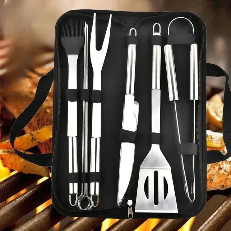 Stainless Steel Barbecue Tool Set with Bag | Complete Utensils for Garden Grilling and Camping