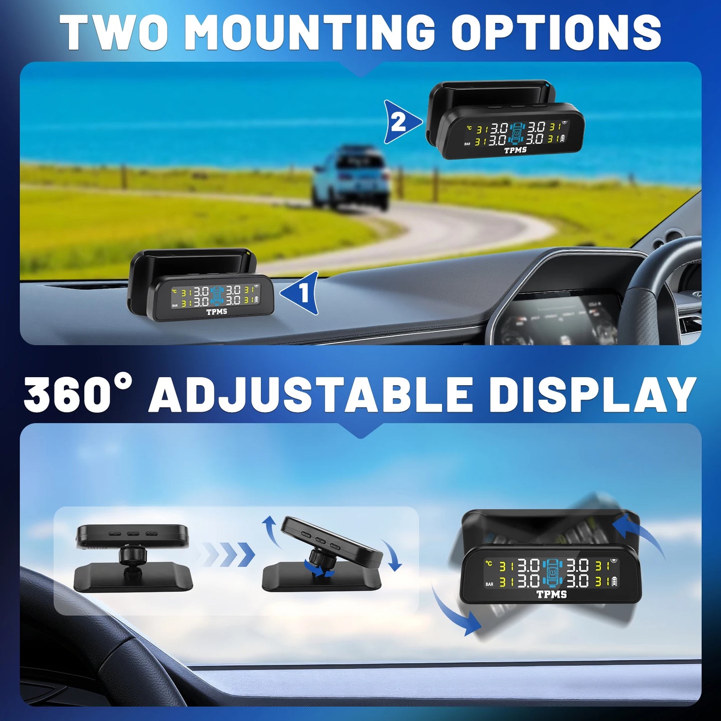 Sistema di Monitoraggio Pressione Pneumatici | Display LCD e Ricarica Solare per Sicurezza Stradale 3