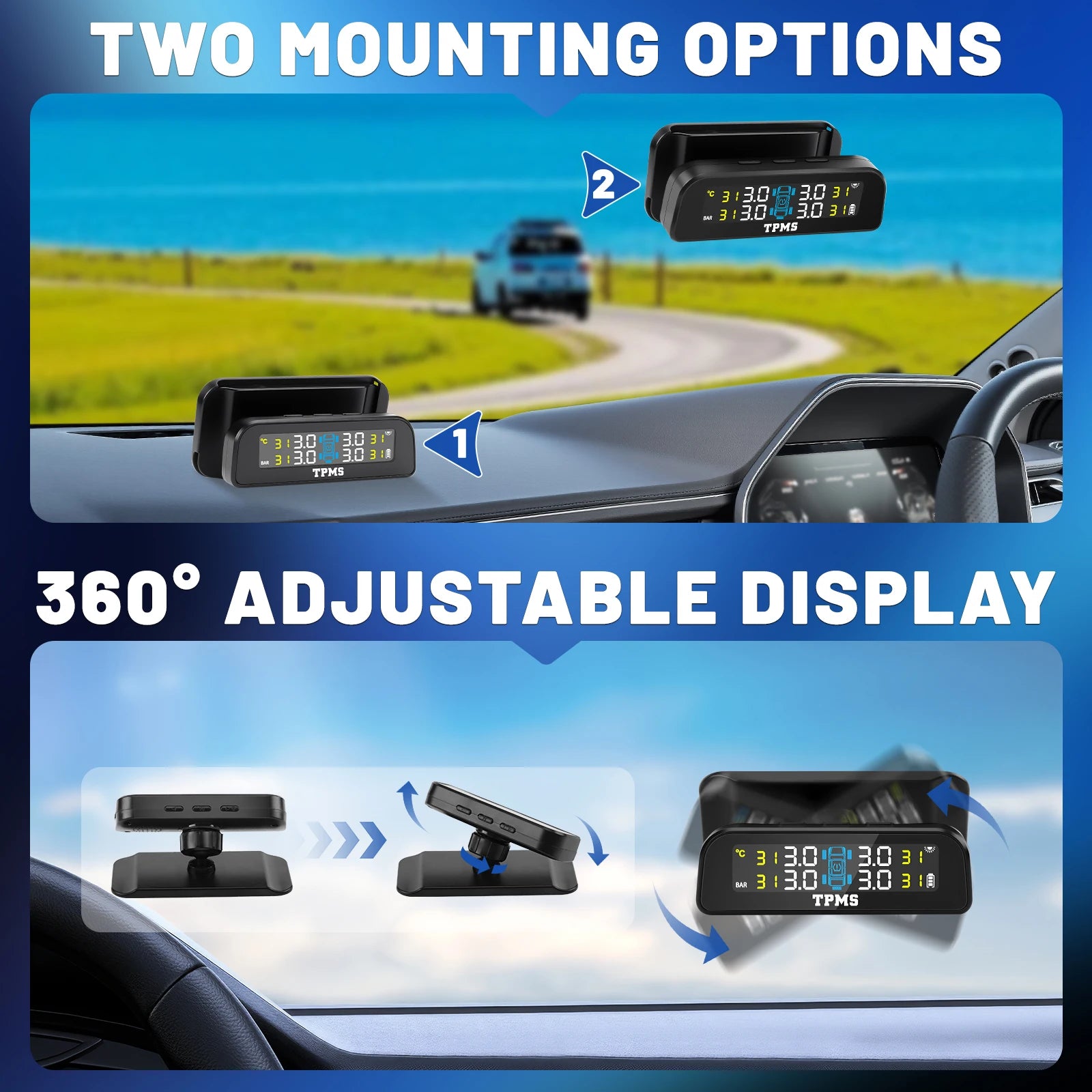 Sistema di Monitoraggio Pressione Pneumatici | Display LCD e Ricarica Solare per Sicurezza Stradale 3
