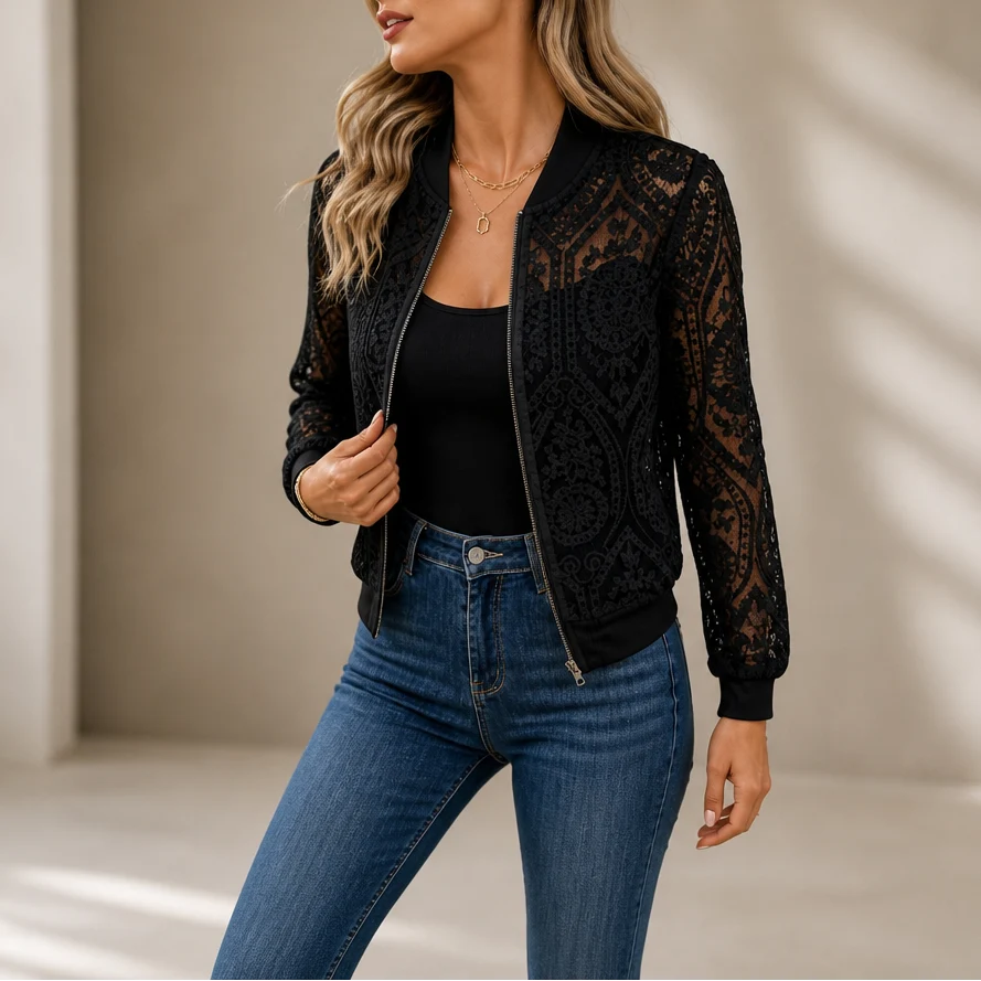 Sofia | Elegant Giacca Bomber in Pizzo Floreale Trasparente 10