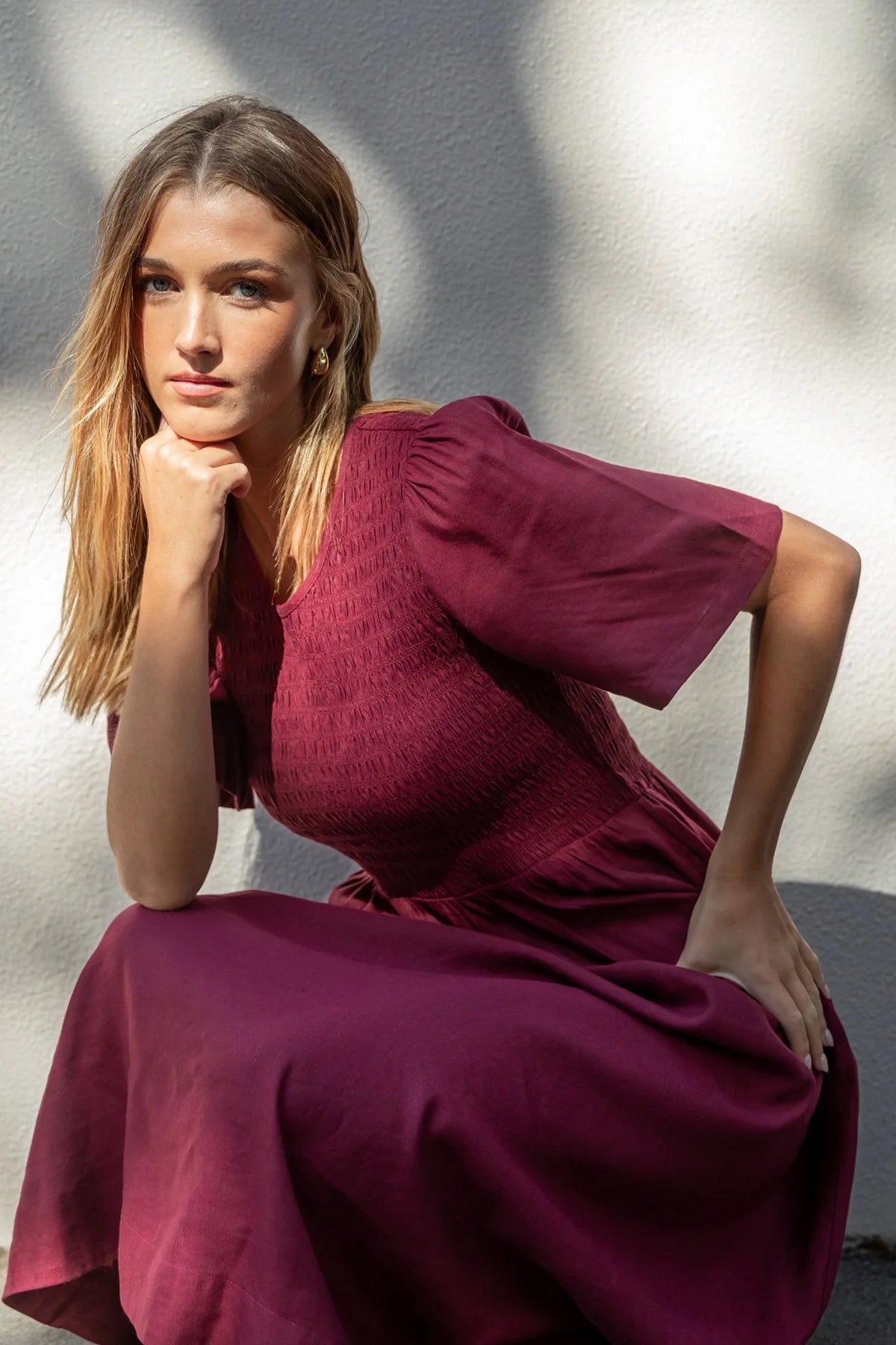 Sofia | Elegante Abito Midi Donna in Lino e Viscosa Borgogna 0