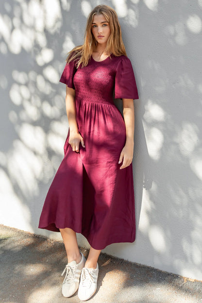 Sofia | Elegante Abito Midi Donna in Lino e Viscosa Borgogna 1