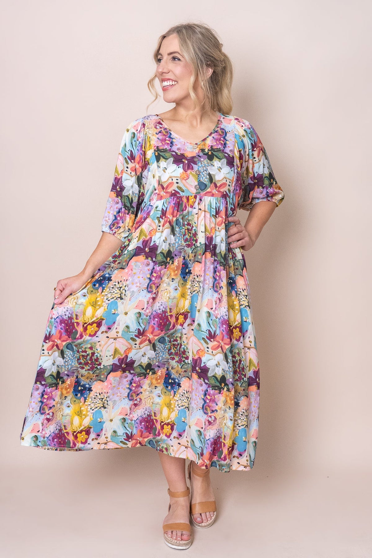 Sofia | Elegante Abito Midi con Stampa Floreale e Maniche 3/4 0