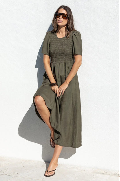 Sofia | Elegante Abito Midi in Lino Verde Oliva per Donna 0
