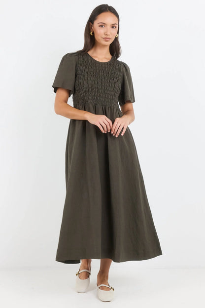 Sofia | Elegante Abito Midi in Lino Verde Oliva per Donna 2