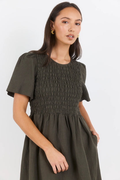 Sofia | Elegante Abito Midi in Lino Verde Oliva per Donna 3