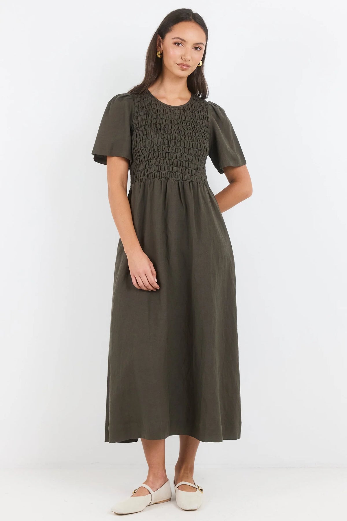 Sofia | Elegante Abito Midi in Lino Verde Oliva per Donna 4