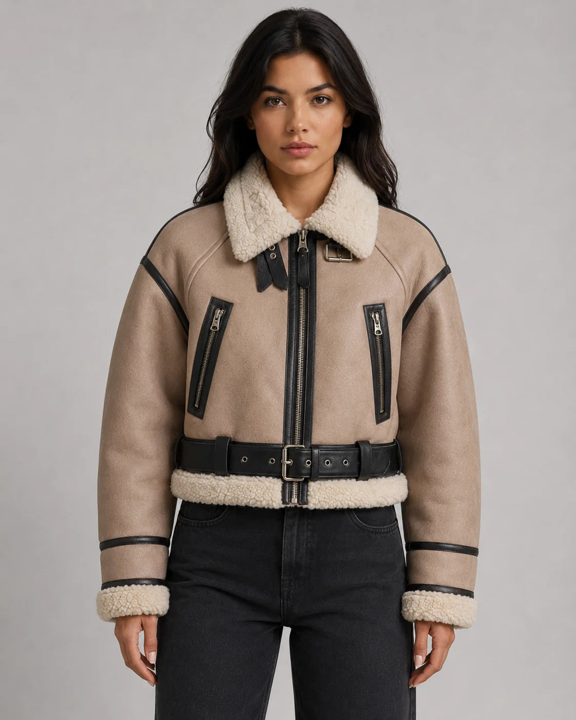 Sofia | Elegante Giacca Pelle Donna Corto con Colletto Shearling 0