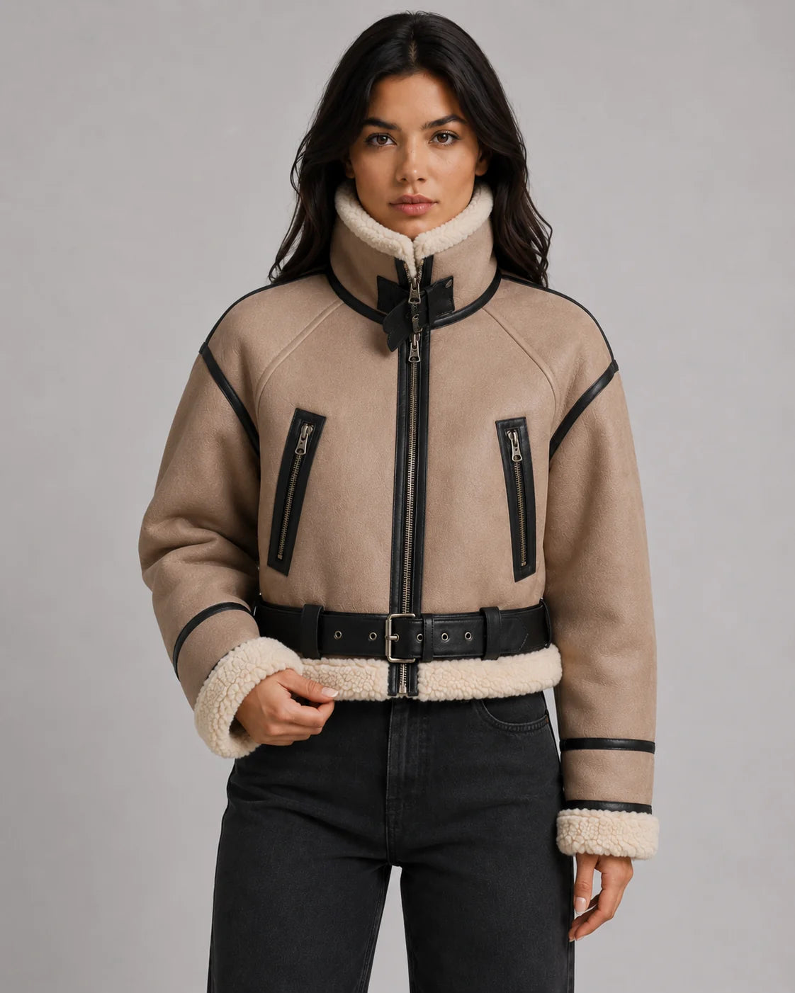 Sofia | Elegante Giacca Pelle Donna Corto con Colletto Shearling 3