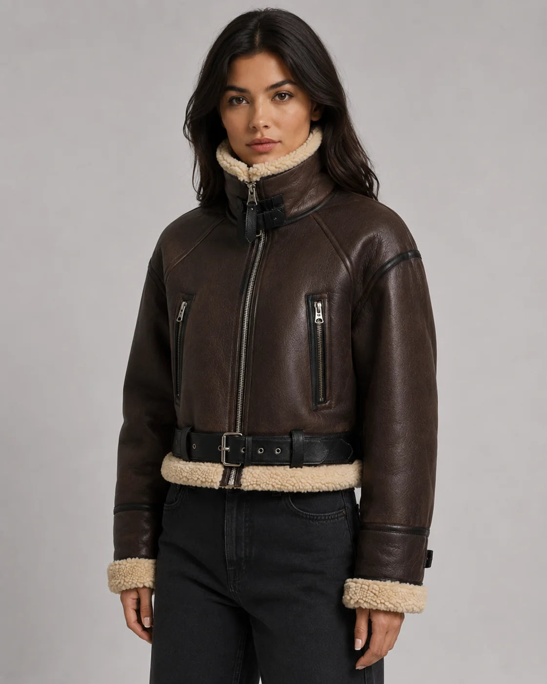 Sofia | Elegante Giacca Pelle Donna Corto con Colletto Shearling 5
