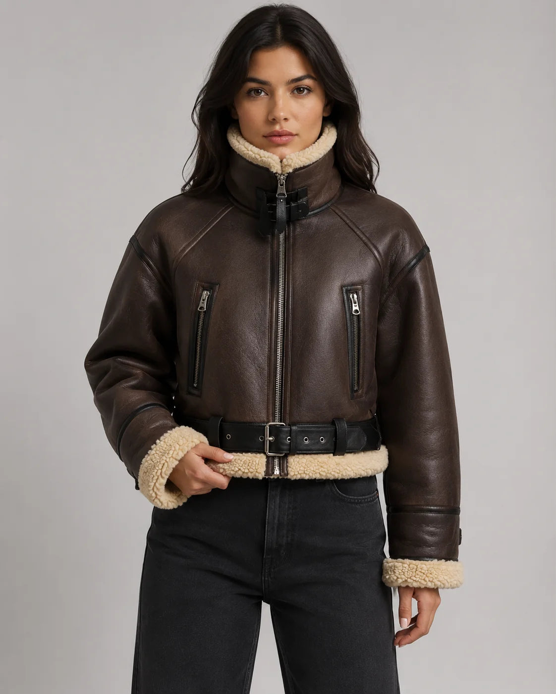Sofia | Elegante Giacca Pelle Donna Corto con Colletto Shearling 7