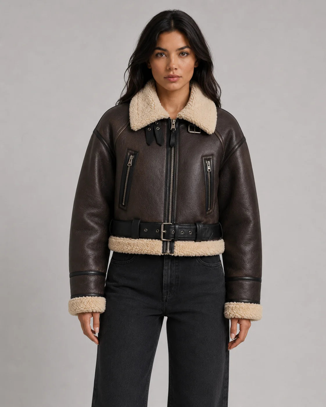 Sofia | Elegante Giacca Pelle Donna Corto con Colletto Shearling 8