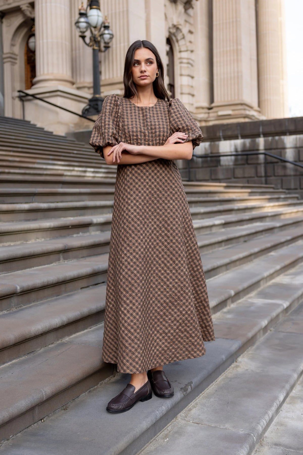 Sofia | Elegante Maxi Dress con Maniche a Palloncino e Motivo a Quadri 0