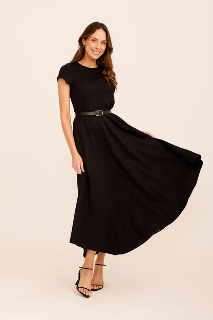 Sophia | Elegante Abito Midi Nero con Cintura per Donna 0