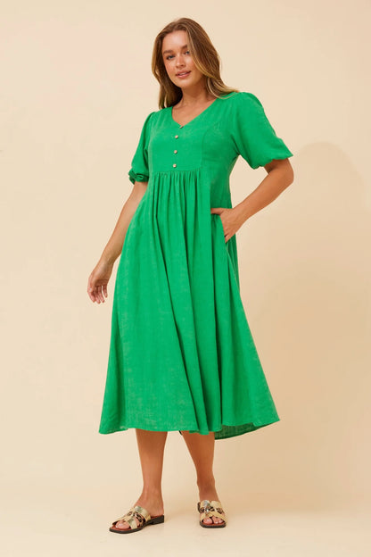 Sophie | Elegante Abito Midi in Lino Verde Jade 0