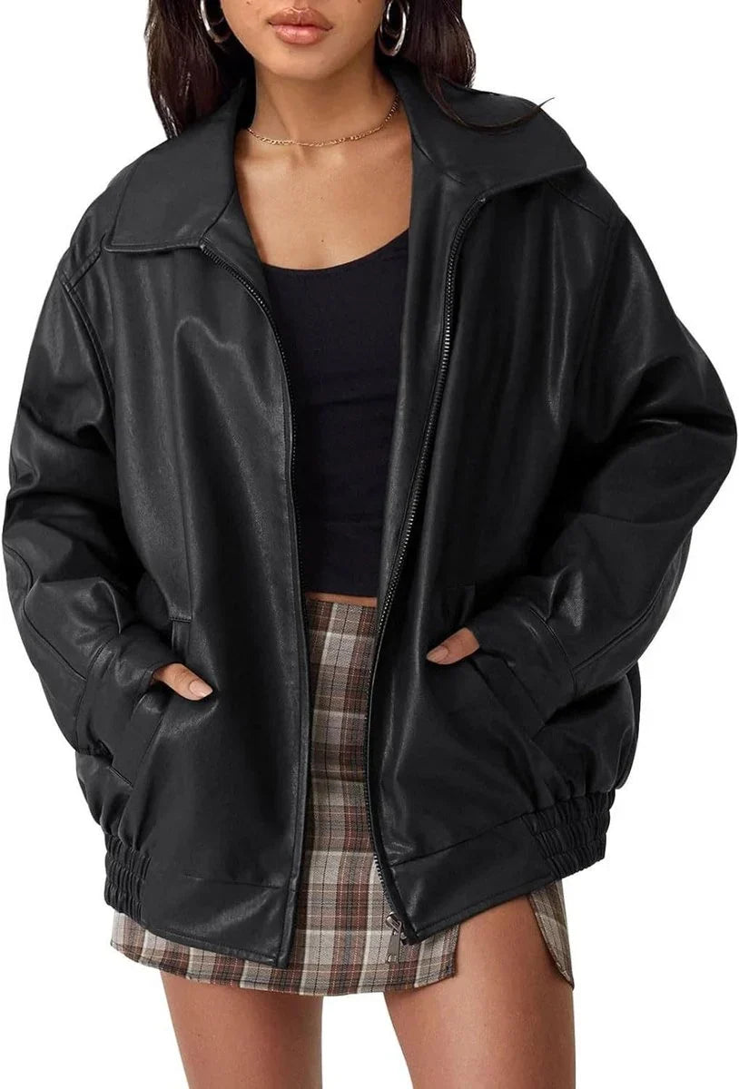 Sophie | Elegante Bomber In Pelle Oversize Nero Donna 8