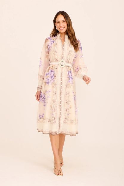 Sophie | Elegante Midi Dress Floreale in Crema e Viola per Cerimonia Donna 0