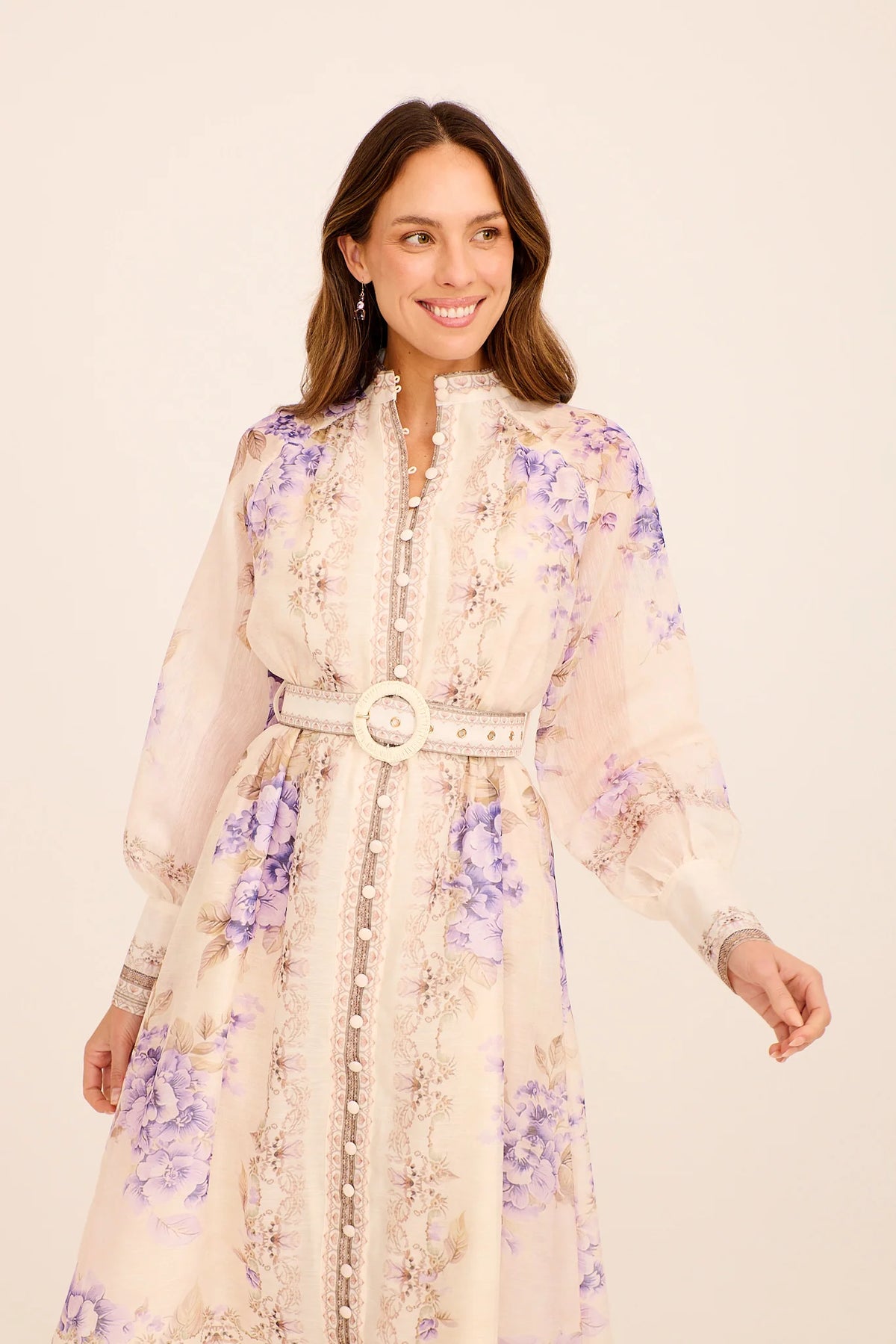 Sophie | Elegante Midi Dress Floreale in Crema e Viola per Cerimonia Donna 1