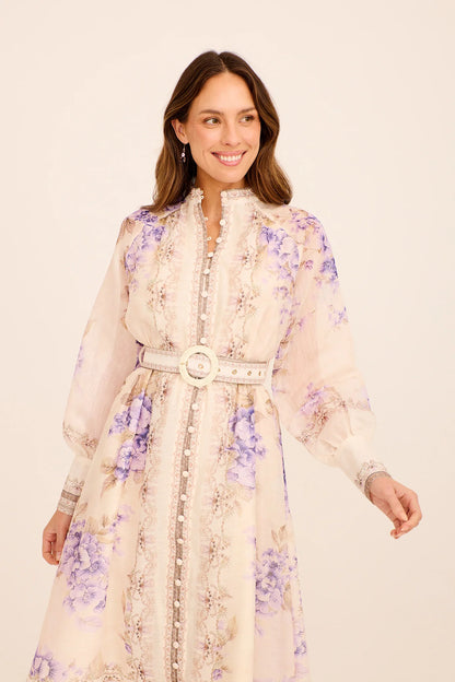 Sophie | Elegante Midi Dress Floreale in Crema e Viola per Cerimonia Donna 1