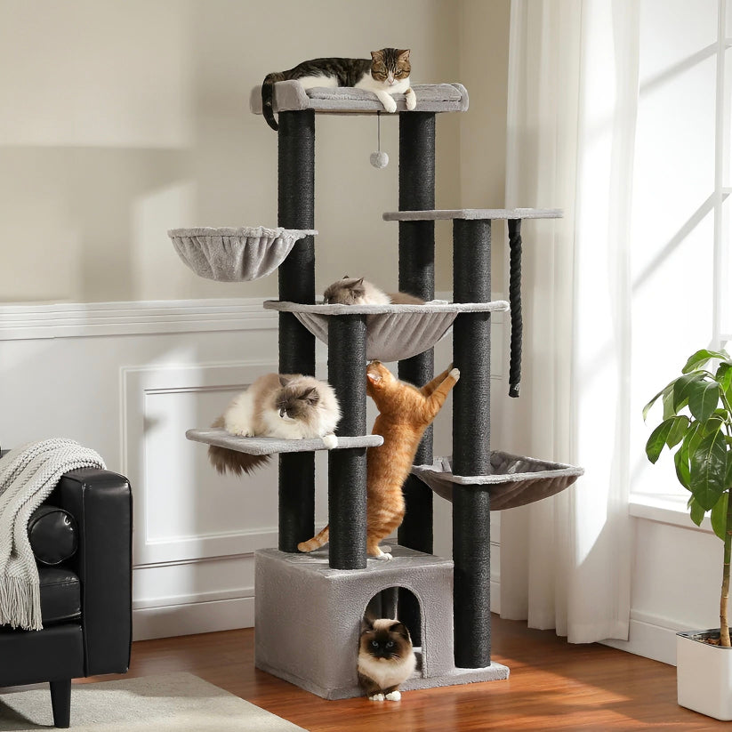 Tiragraffi per Gatti Grande 170cm | Torre Robusta in Sisal con 11 Pali, Amaca e Cuccia | per Gatti Adulti e di Grossa Taglia