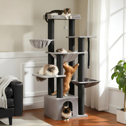 Tiragraffi per Gatti Grande 170cm | Torre Robusta in Sisal con 11 Pali, Amaca e Cuccia | per Gatti Adulti e di Grossa Taglia