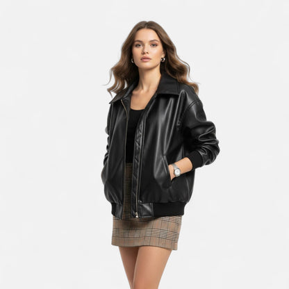 Evelina | Women's Loose-Fit Faux Leather Biker Jacket - Relaxed Elegance