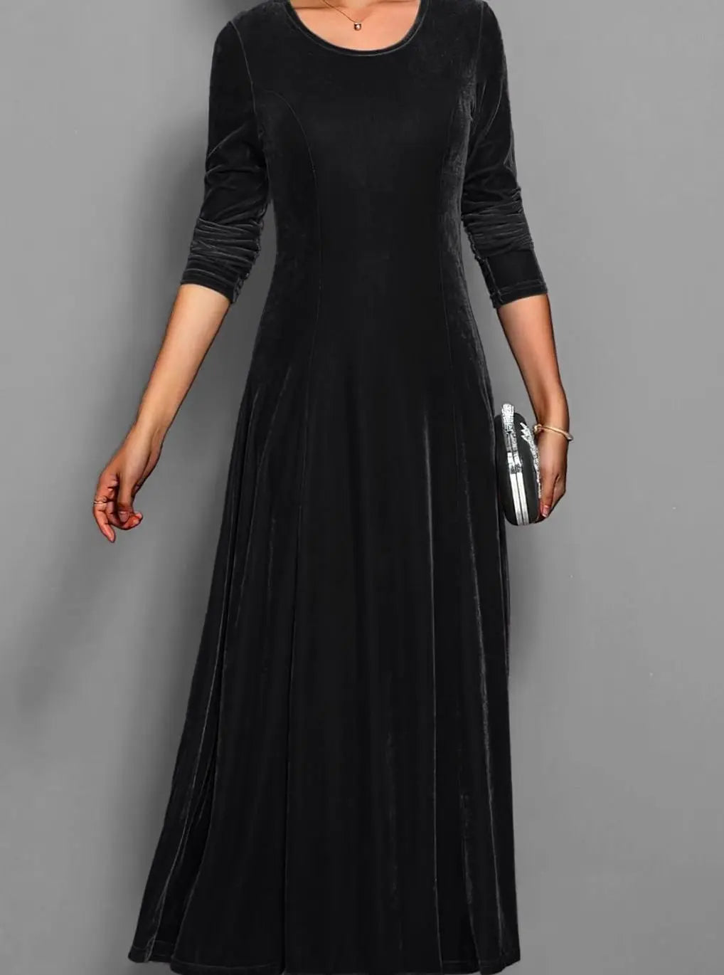 Angelica | Langes Samtkleid für Damen mit langen Ärmeln und A-Linien-Rock - Für besondere Abende