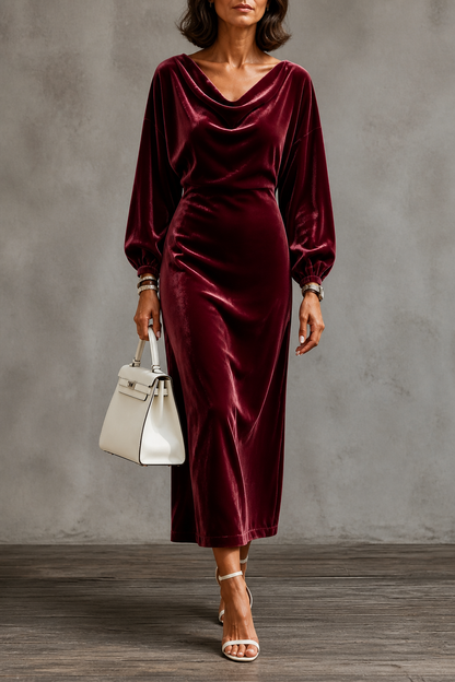 Giorgia | Women's Velvet Midi Dress with Draped Neckline and Puff Sleeves - Understated Elegance