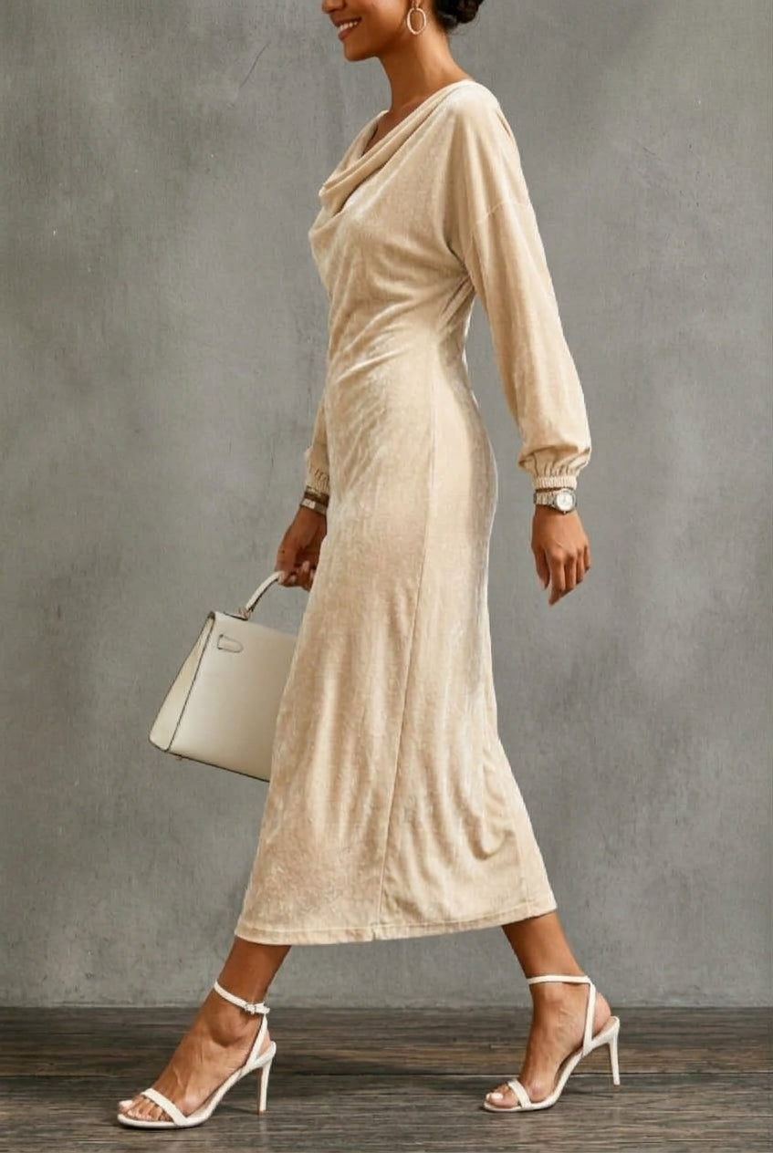 Giorgia | Women's Velvet Midi Dress with Draped Neckline and Puff Sleeves - Understated Elegance