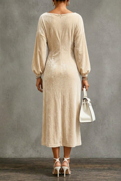 Giorgia | Women's Velvet Midi Dress with Draped Neckline and Puff Sleeves - Understated Elegance