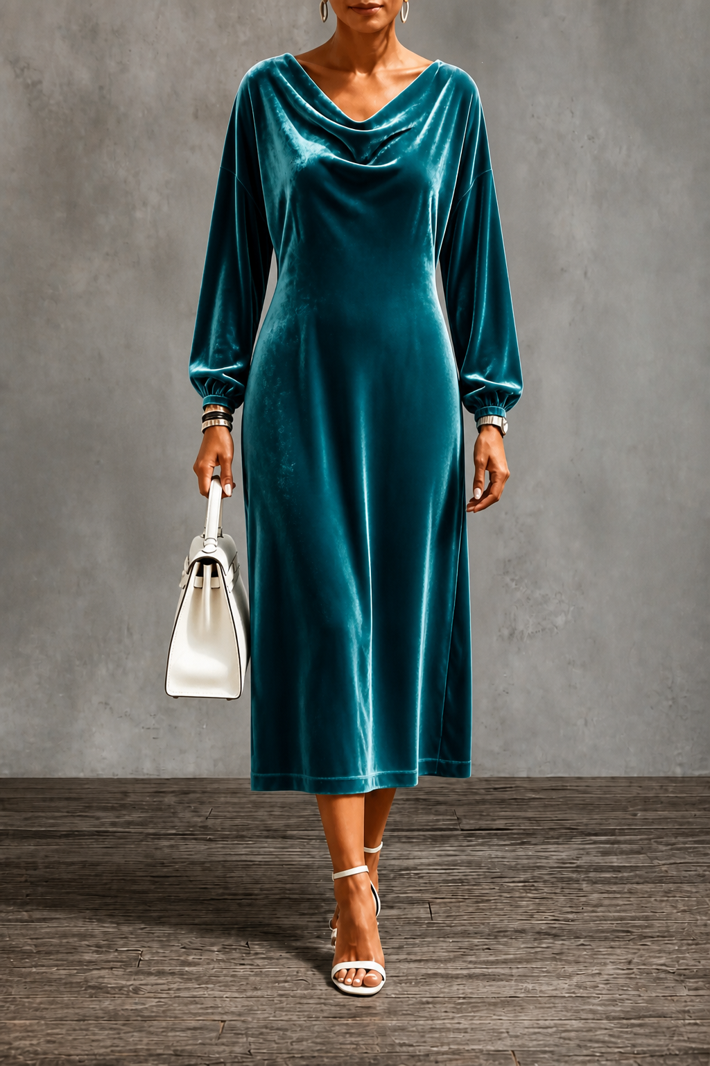 Giorgia | Women's Velvet Midi Dress with Draped Neckline and Puff Sleeves - Understated Elegance