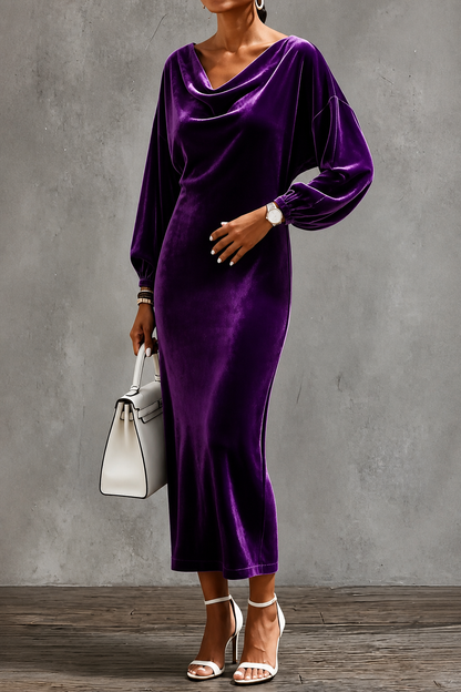 Giorgia | Women's Velvet Midi Dress with Draped Neckline and Puff Sleeves - Understated Elegance