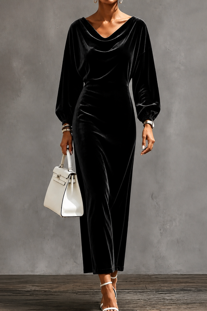 Giorgia | Women's Velvet Midi Dress with Draped Neckline and Puff Sleeves - Understated Elegance