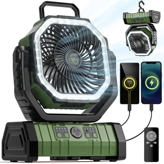 Ventilatore Portatile 3 in 1 con Batteria da 20000 mAh e Luce LED | Mini Ventilatore per Campeggio e Emergenze