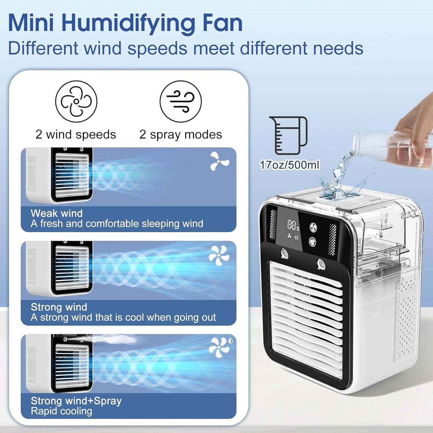 Portable Fan with Rechargeable Battery and Mist | Mini Quiet Fan for Summer Comfort