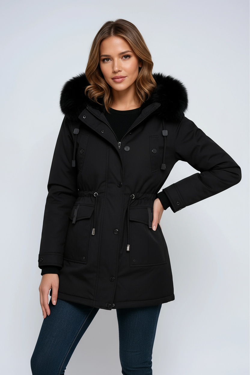 Olimpia | Women's winter parka with hood and faux-fur collar - Shaped silhouette