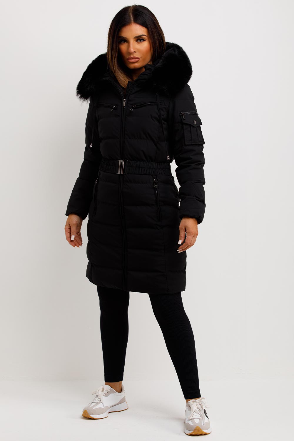 Ada | Women's Long Padded Coat with Fur Hood and Belt - Winter Warmth