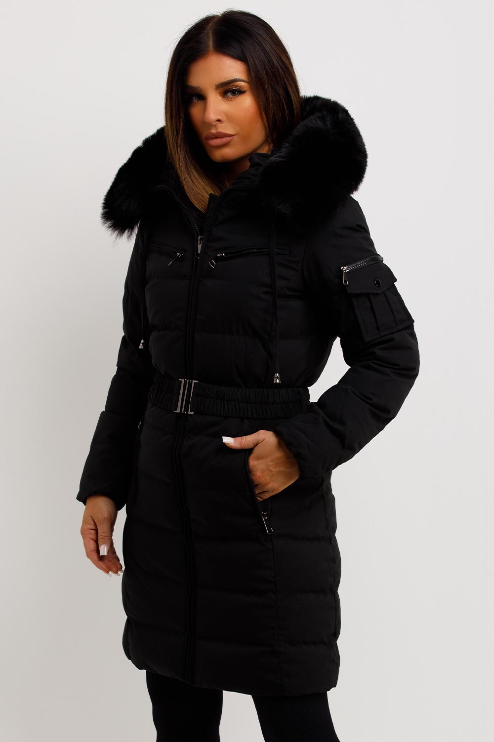 Ada | Women's Long Padded Coat with Fur Hood and Belt - Winter Warmth
