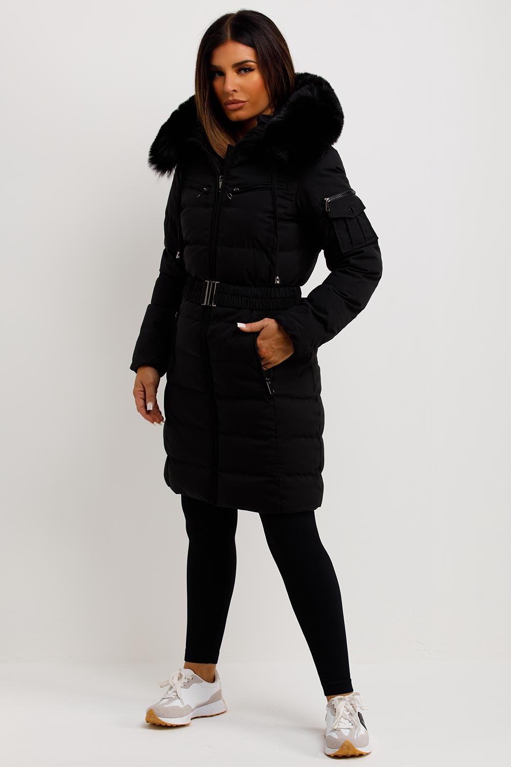Ada | Women's Long Padded Coat with Fur Hood and Belt - Winter Warmth