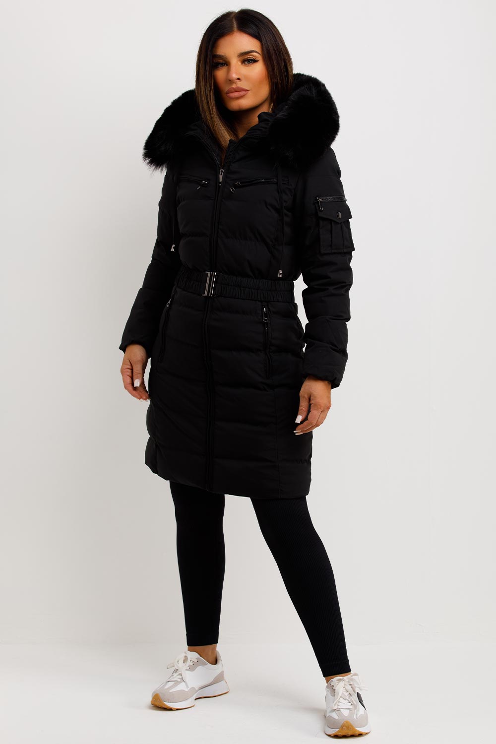 Ada | Women's Long Padded Coat with Fur Hood and Belt - Winter Warmth