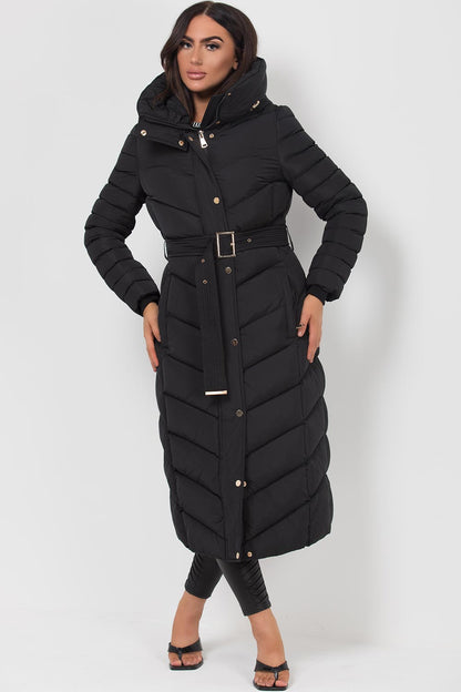 Fulvia | Women's Long Padded Coat with Hood, Belt, and Gold Detail - Winter Look