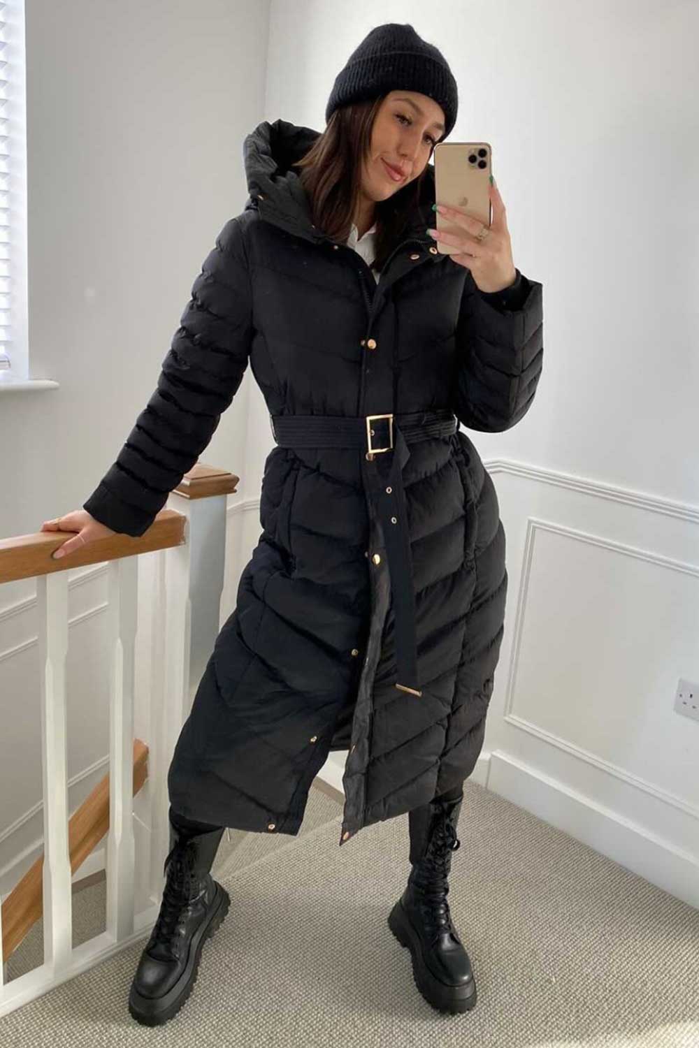 Fulvia | Women's Long Padded Coat with Hood, Belt, and Gold Detail - Winter Look