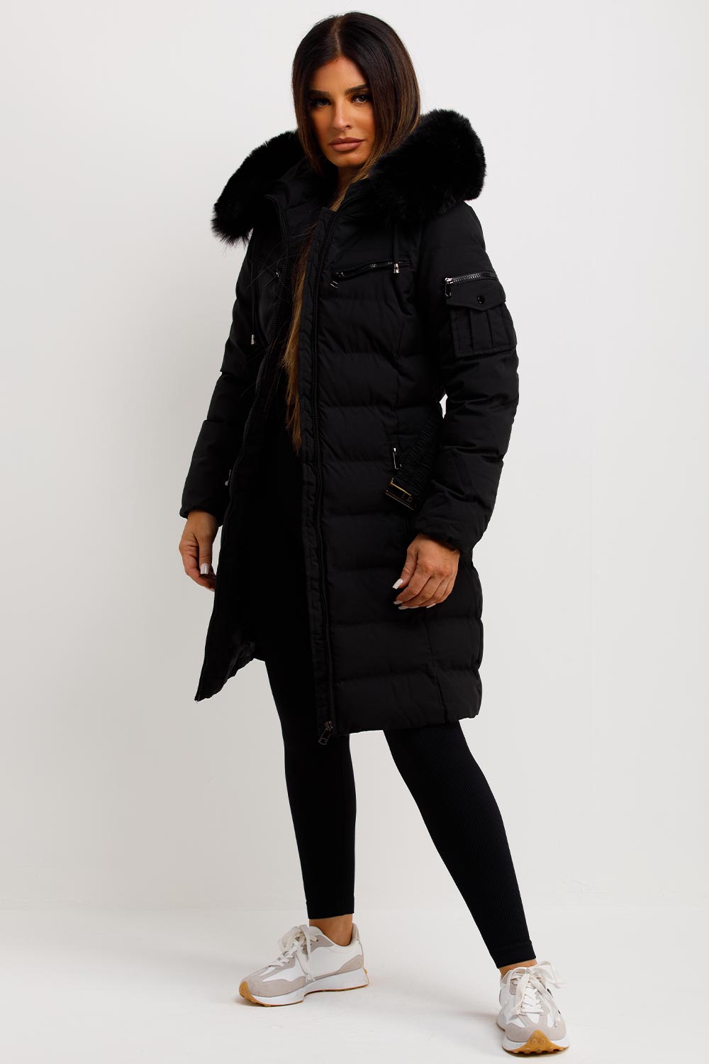 Ada | Women's Long Padded Coat with Fur Hood and Belt - Winter Warmth
