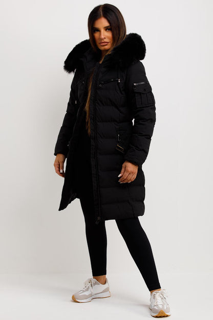 Ada | Women's Long Padded Coat with Fur Hood and Belt - Winter Warmth