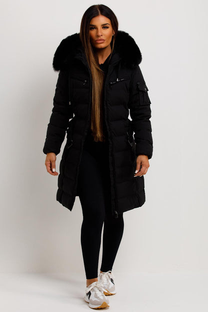 Ada | Women's Long Padded Coat with Fur Hood and Belt - Winter Warmth
