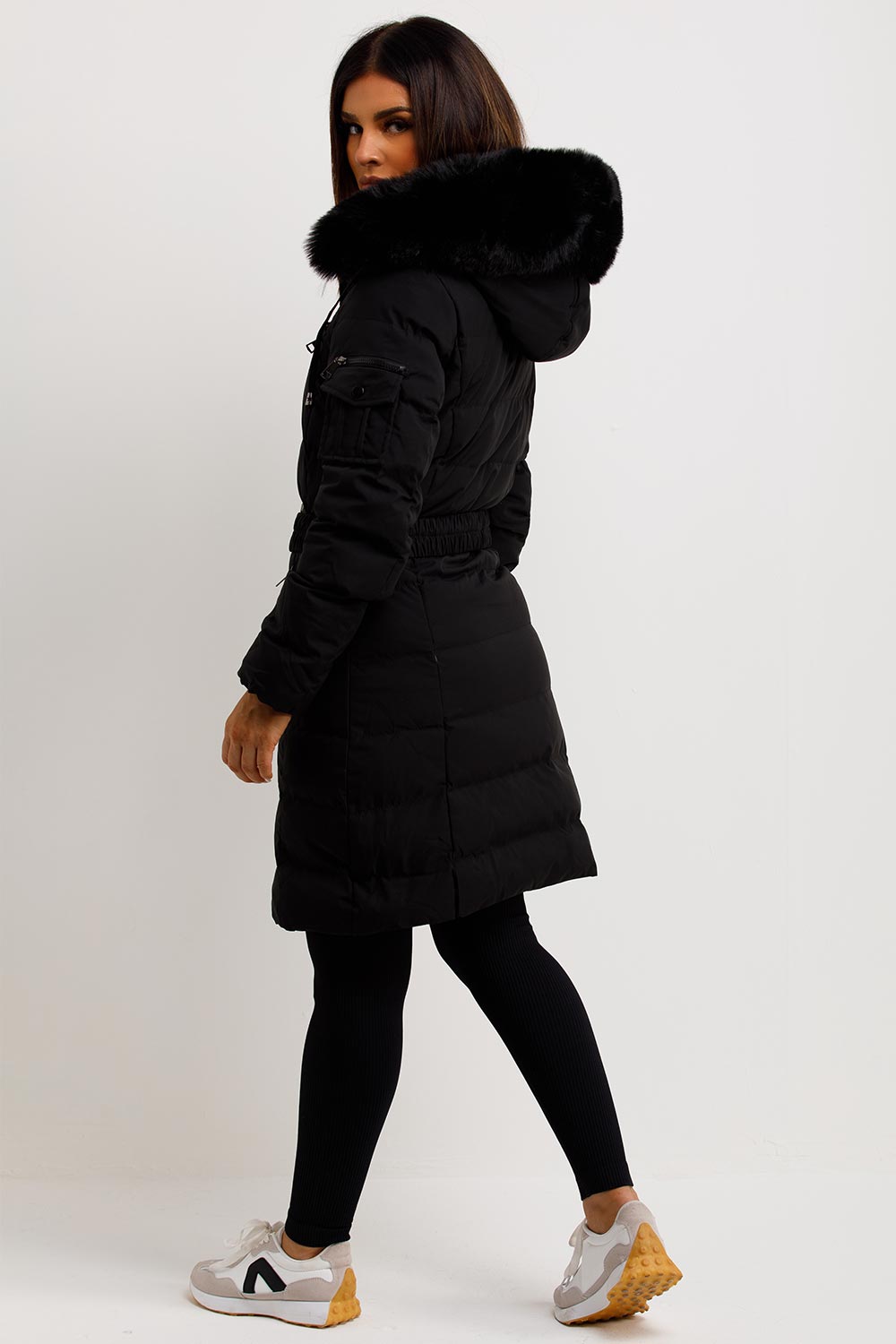 Ada | Women's Long Padded Coat with Fur Hood and Belt - Winter Warmth