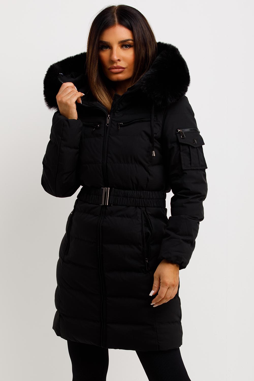 Ada | Women's Long Padded Coat with Fur Hood and Belt - Winter Warmth